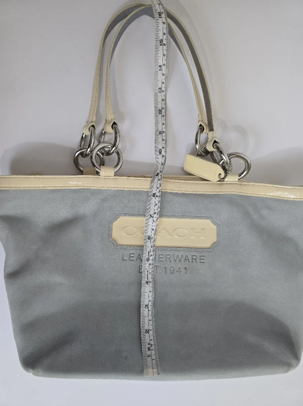 COACH Light Blue Suede Shoulder Purse with Cream Trim Hampton